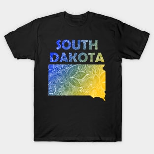 Colorful mandala art map of South Dakota with text in blue and yellow T-Shirt